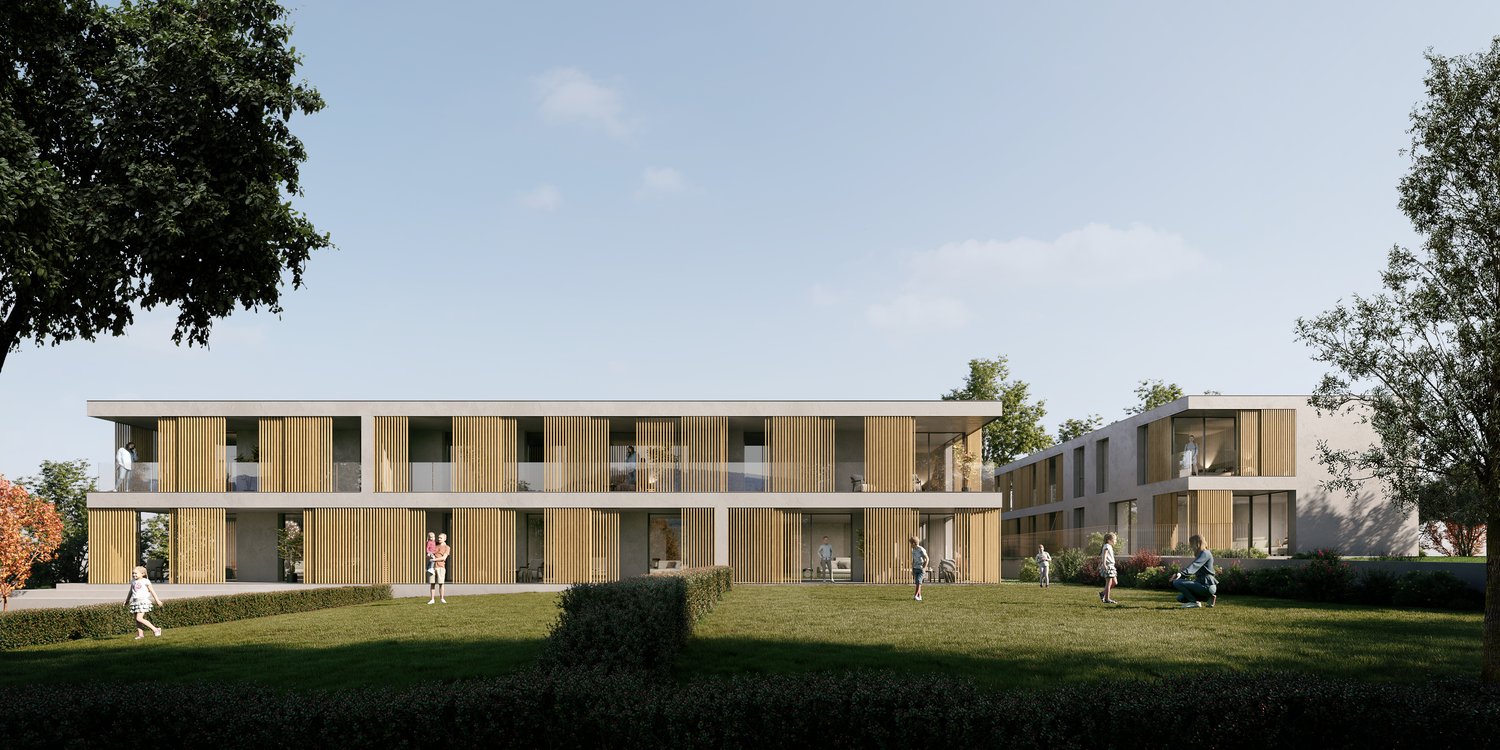 Modern building with wooden slats, two floors, multiple balconies, green lawn in front