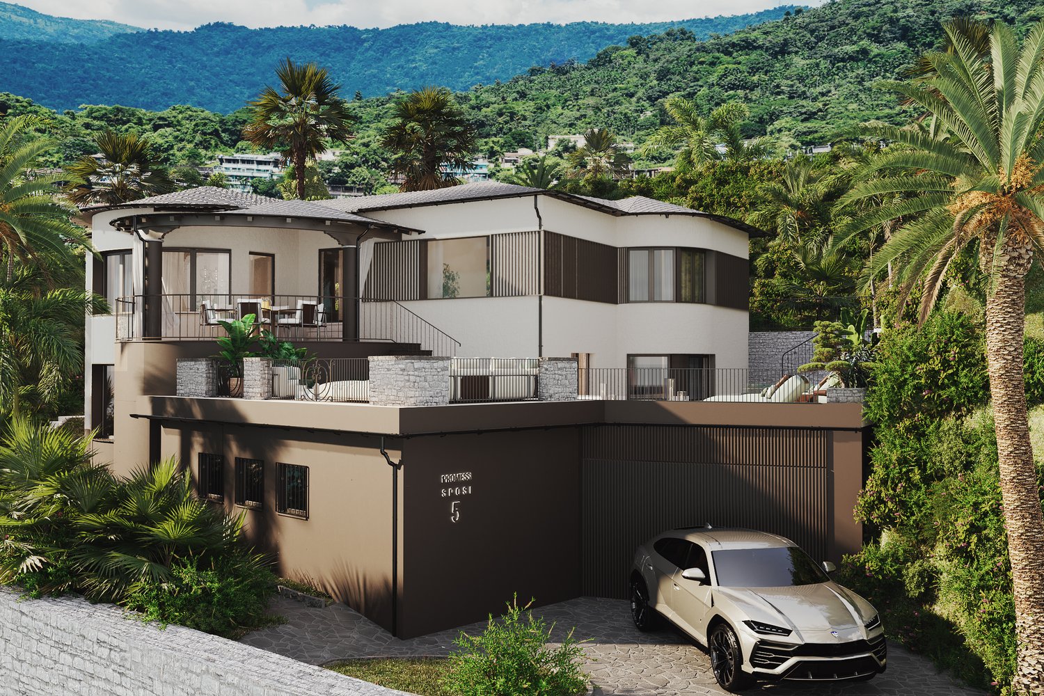 2-story modern house with a car garage and outdoor balcony with seating area