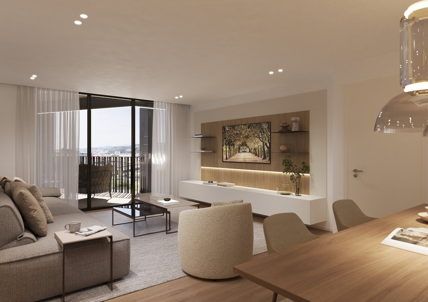 living room with balcony, beige sofa, gray armchair, wooden coffee table, wall mounted shelves, wooden dining table, light fixtures