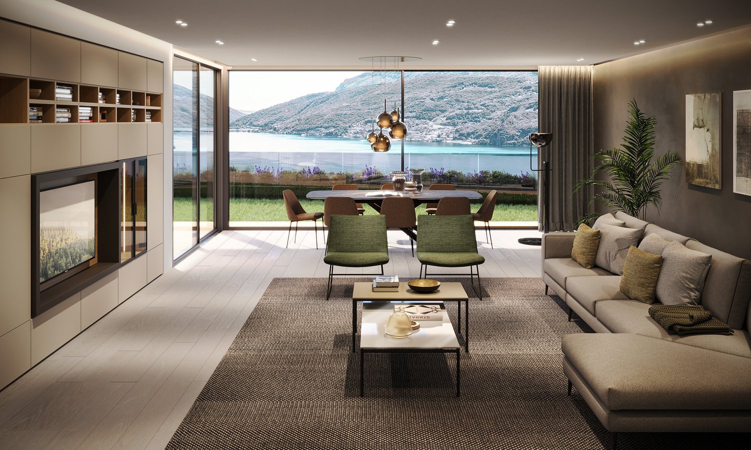 Dining table, chairs, couch, fireplace, view of the lake