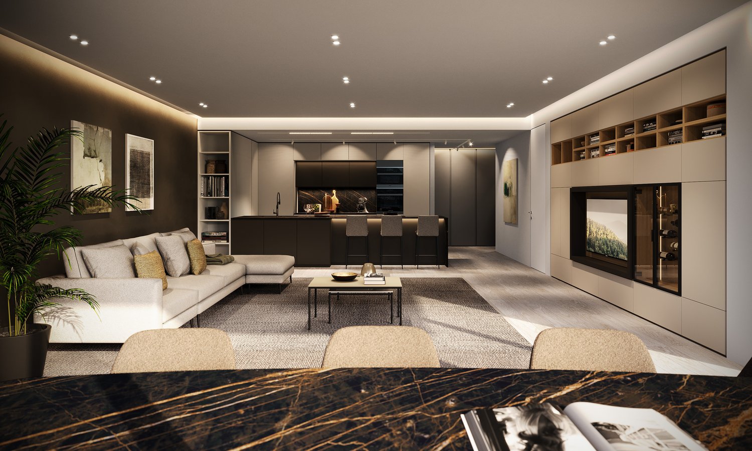 modern open-plan layout, living room with gray sectional sofa, center table, two chairs, kitchen island with stools, gas range, built-in oven, sink, white kitchen cabinets, open shelving, dining table, large picture frames, plant, fireplace