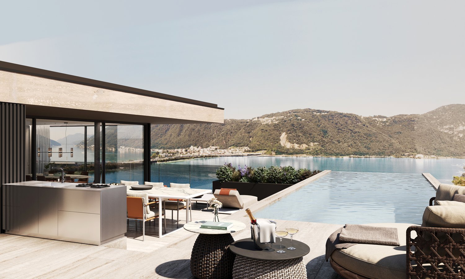 modern building, large terrace, kitchen island, large outdoor pool, dining table, lounge chairs, view of the lake