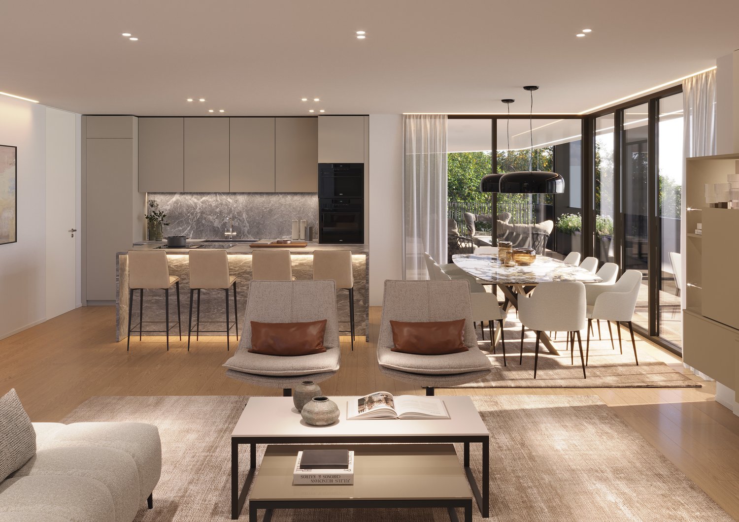 modern design, open plan, kitchen with island, dining area with large table, living area with sofa and coffee table, large windows, balcony
