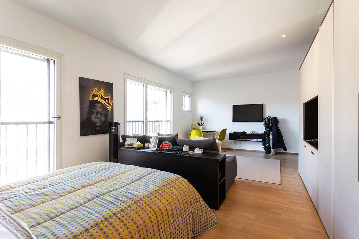 white walls, wooden floor, glass door, window, balcony, black sofa, television, side table, carpet, closet