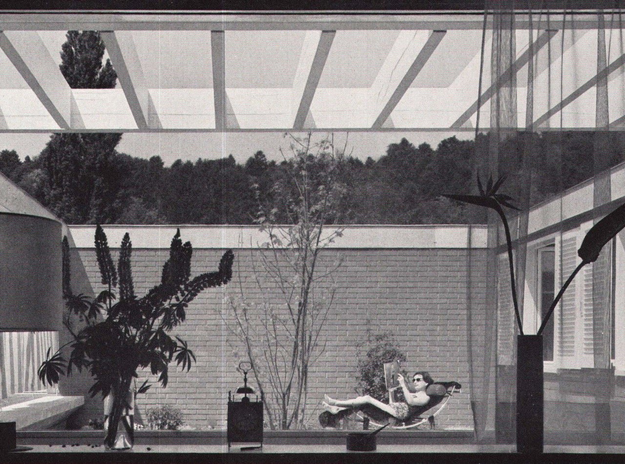 interior view with a window showing a balcony, plants, bricks wall, person laying down