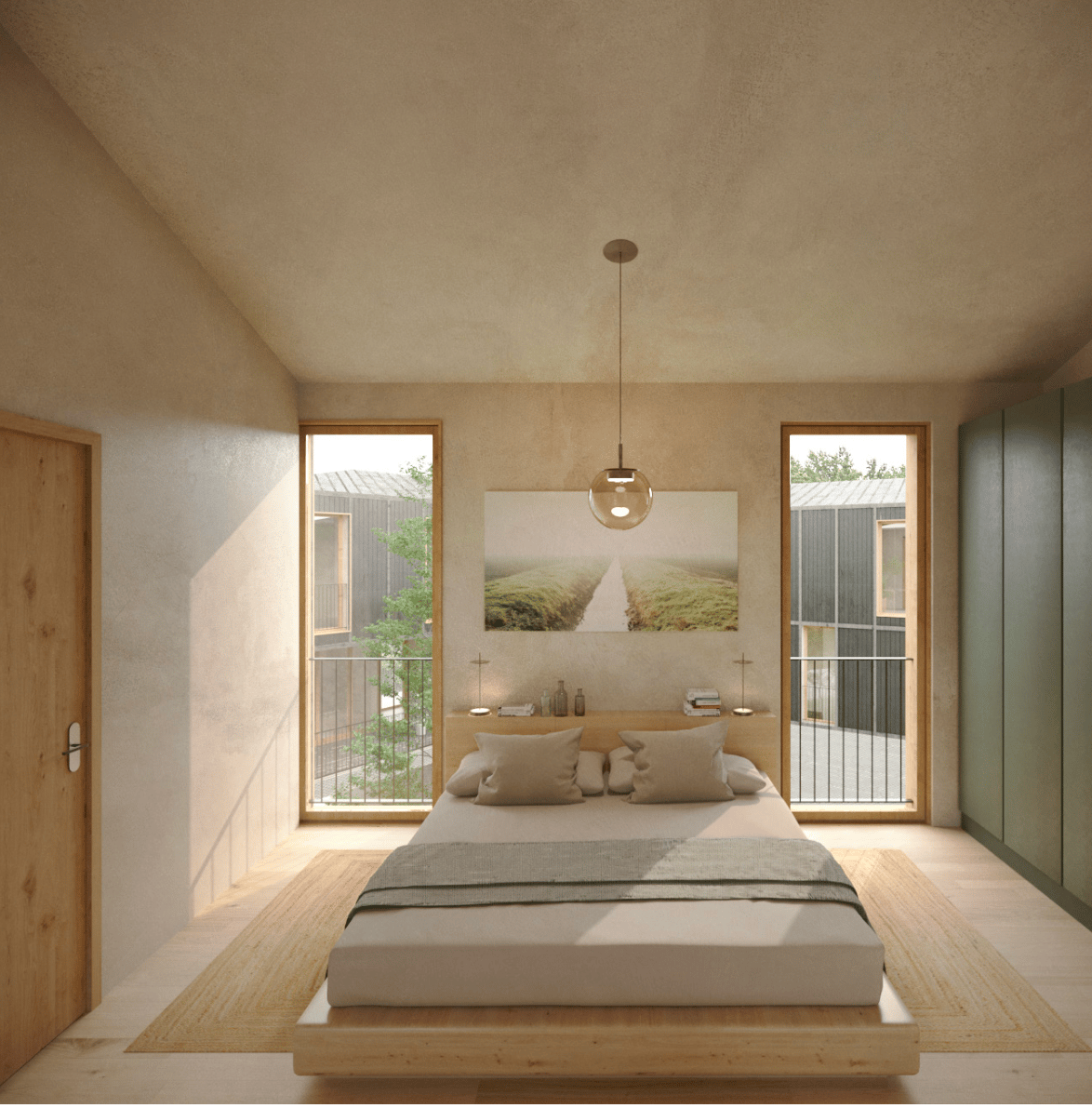 elevated wooden bed, decorative pillows, ceiling lamp, decorative frame on wall, wooden floor, balcony