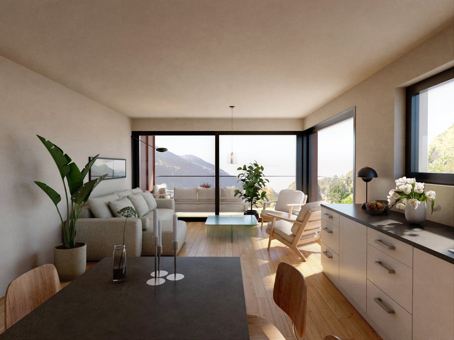 modern living room with large windows, wooden floor, white walls, large couch, coffee table, plants, wooden chairs, table with candles, kitchen with cabinets and countertop