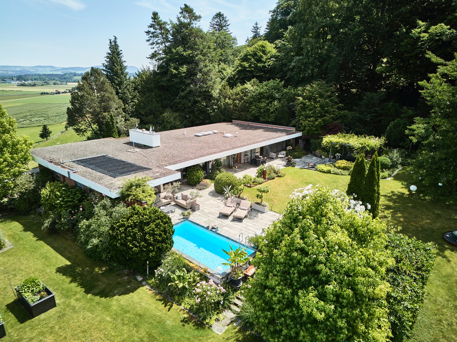 Modern house with flat roof, large swimming pool, garden, and solar panels