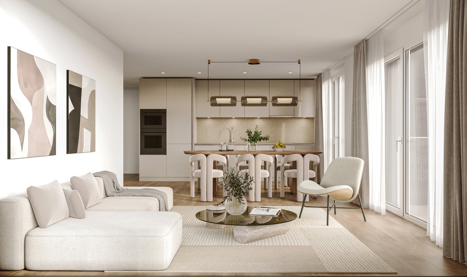 modern design, white couch, glass table, white armchair, wooden floor, large windows