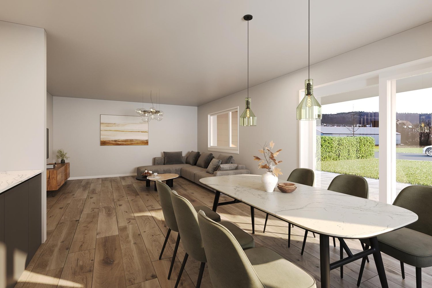 Open-concept living and dining area with large windows providing a view, hardwood flooring, gray sectional sofa, marble dining table with black chairs, pendant lighting fixtures