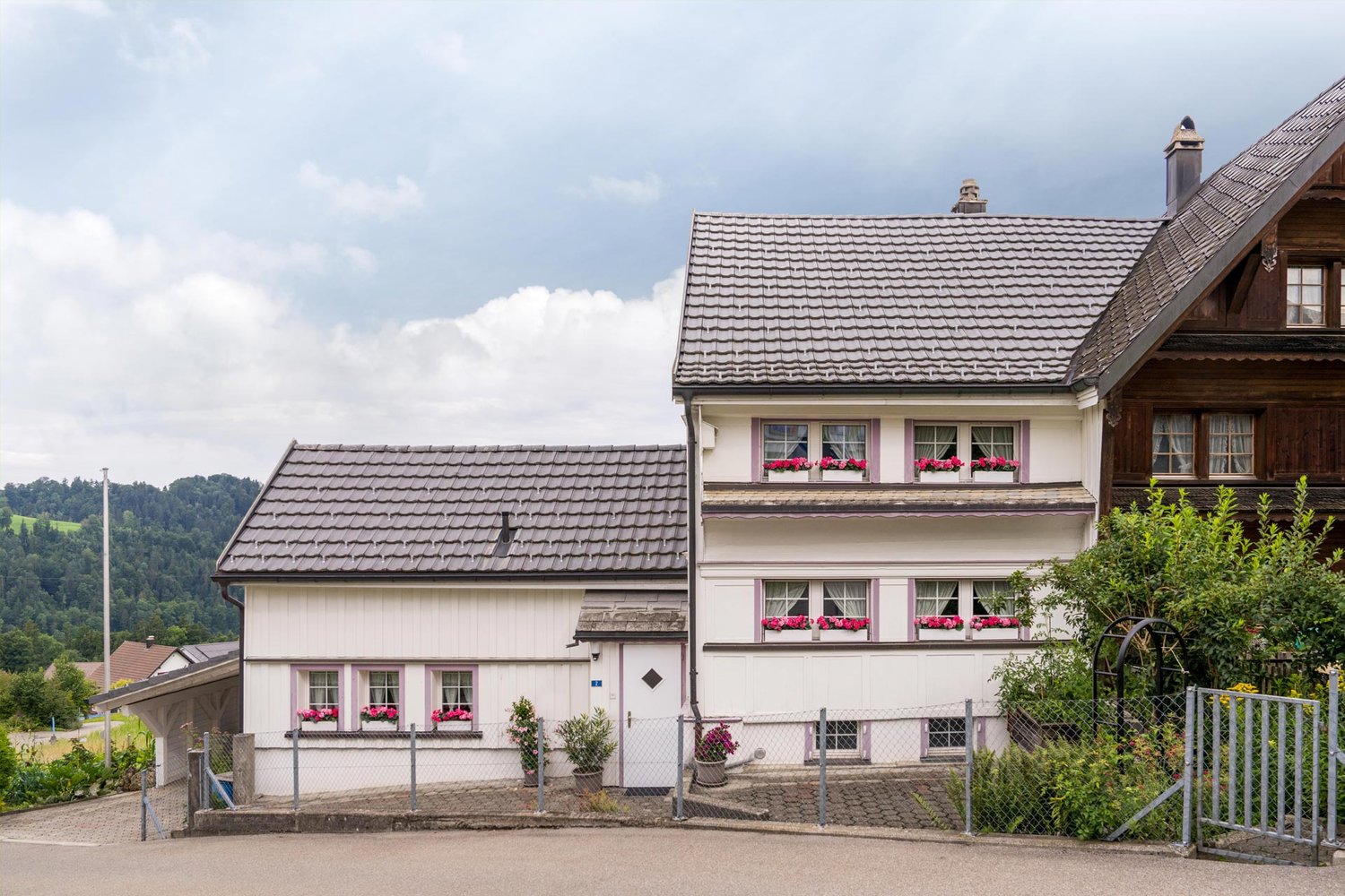 white house, gray roof, several flowers in the window boxes, small garden with plants and trees, another house at the side