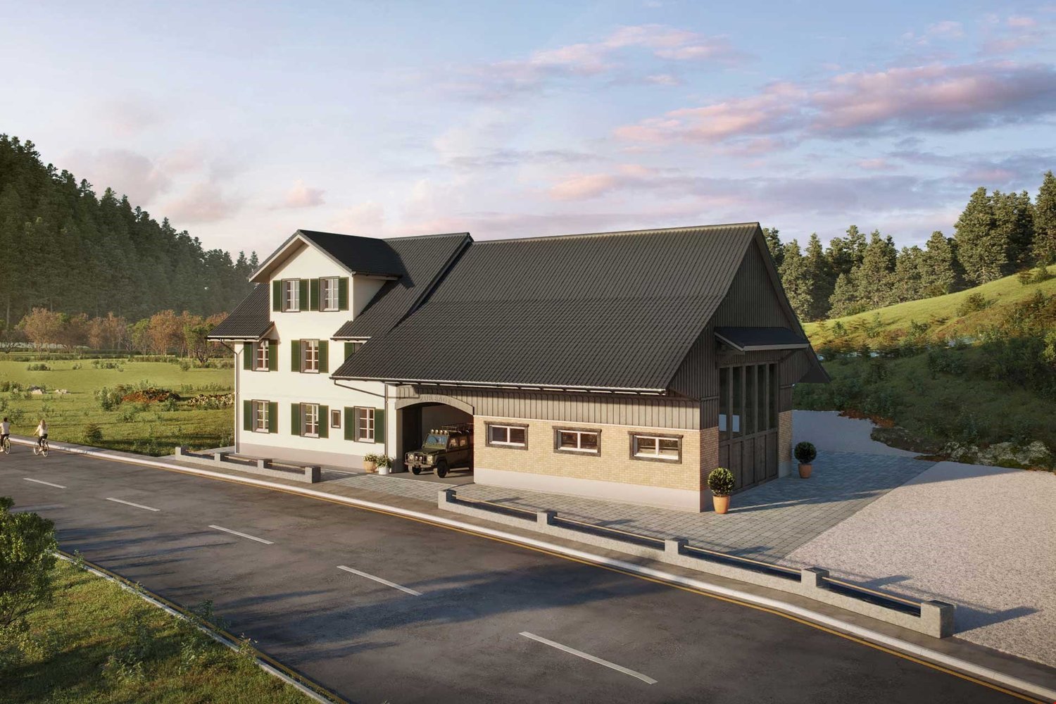 2 story house, modern design, grey exterior, white windows, car parked in garage, greenery around the house