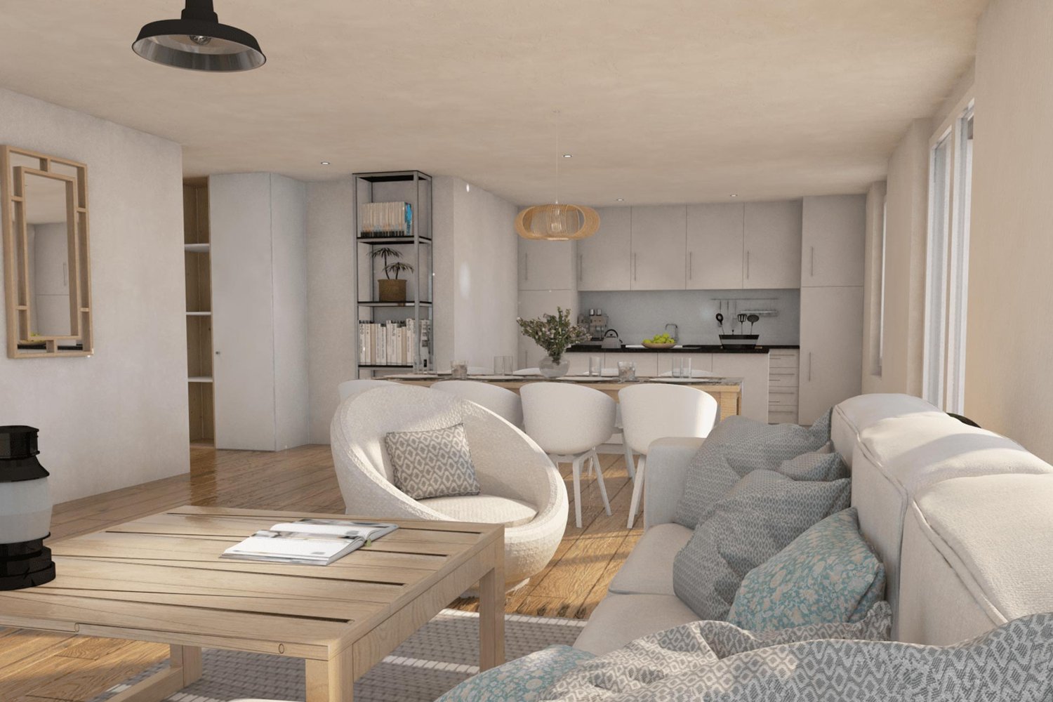 wooden floor, white sofa with pillows, dining chairs, dining table, wooden coffee table, wooden shelf with books and plant, kitchen, and open windows