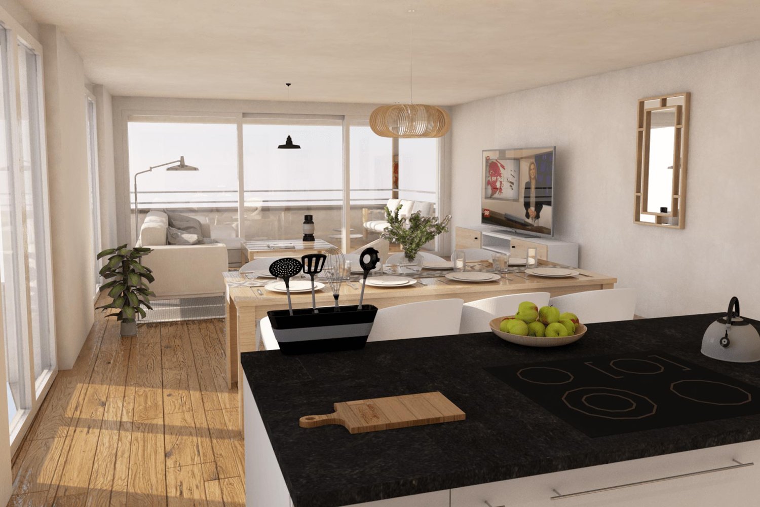 open plan living room and kitchen, large windows, balcony, wooden floor, modern furniture, appliances