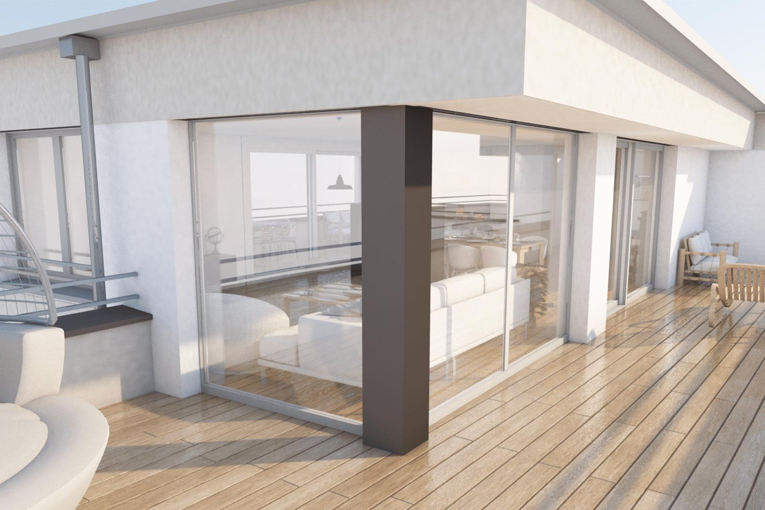 large glass walls, modern couch, large deck, railings, wooden floor