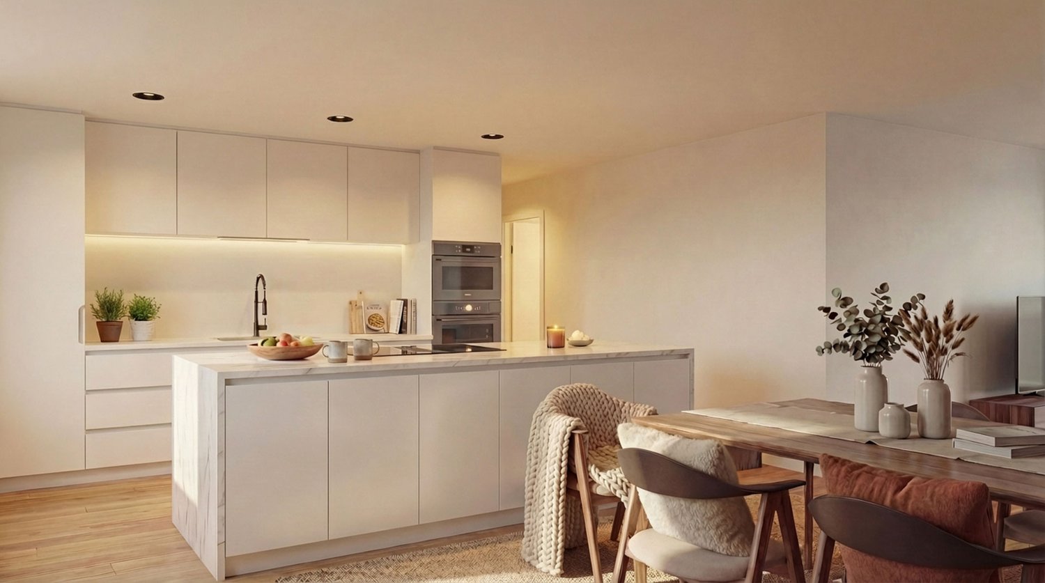 modern kitchen with white cabinets, marble countertop, island, built-in oven, stove, sink, faucet, dining area with wooden table, chairs, rug, plants, TV