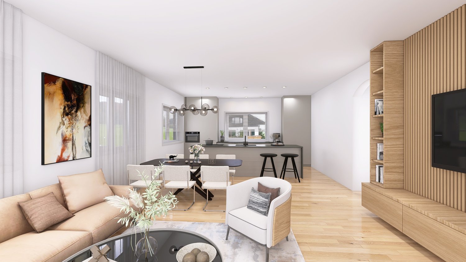 living room, dining room, kitchen, couch, table, armchair, stools, island, flower vase, TV