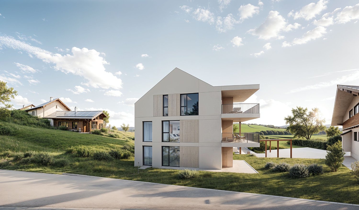 Modern minimalist house with 2 floors, white exterior, multiple glass windows, solar panels on roof, balcony, surrounded by greenery