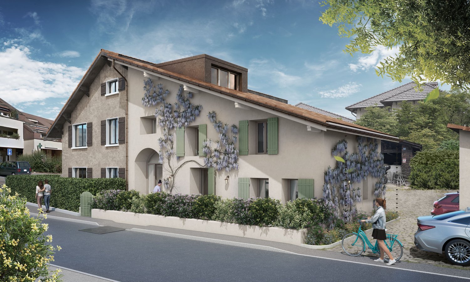 Multi-storey house, beige walls, green shutters, brown roof, climbing plants, paved street