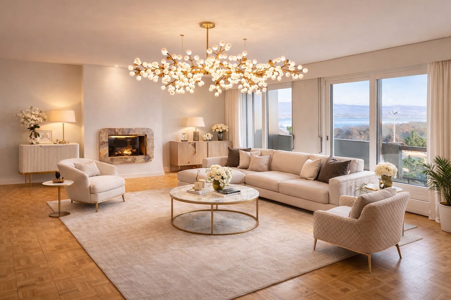 chandelier, white sofa, coffee table, fireplace, large windows, view, side tables, two armchairs, white armchair with cushion, beige rug, two floor lamps, two floor vases
