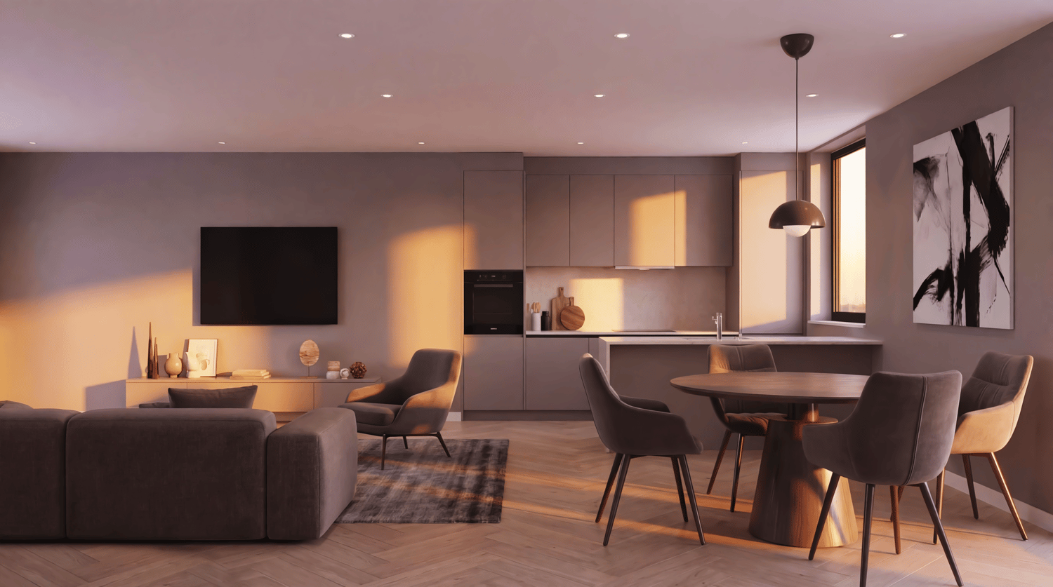 living area, dining table, sofa, TV, modern decor, kitchen