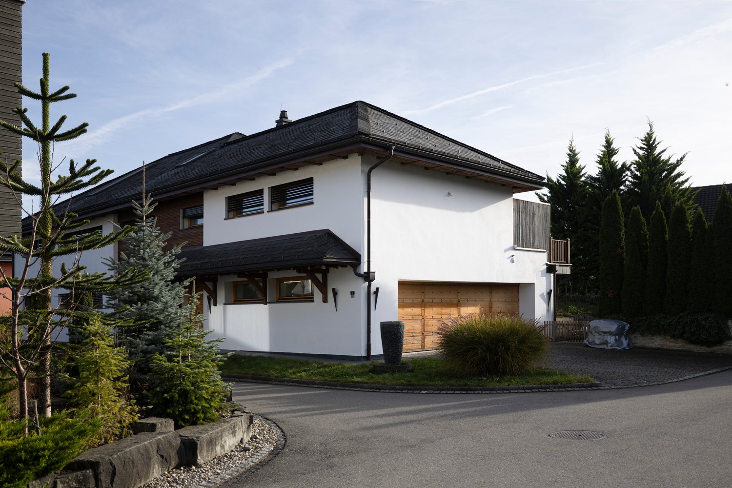 Modern house, white exterior, black roof, wooden garage, driveway, landscaped front yard with trees and shrubs