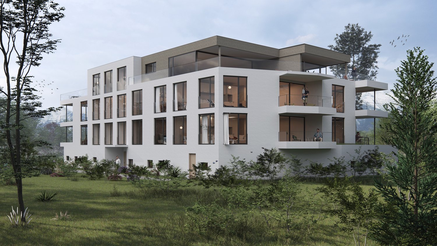 Modern three-story building, white exterior, multiple balconies, glass windows, surrounded by greenery