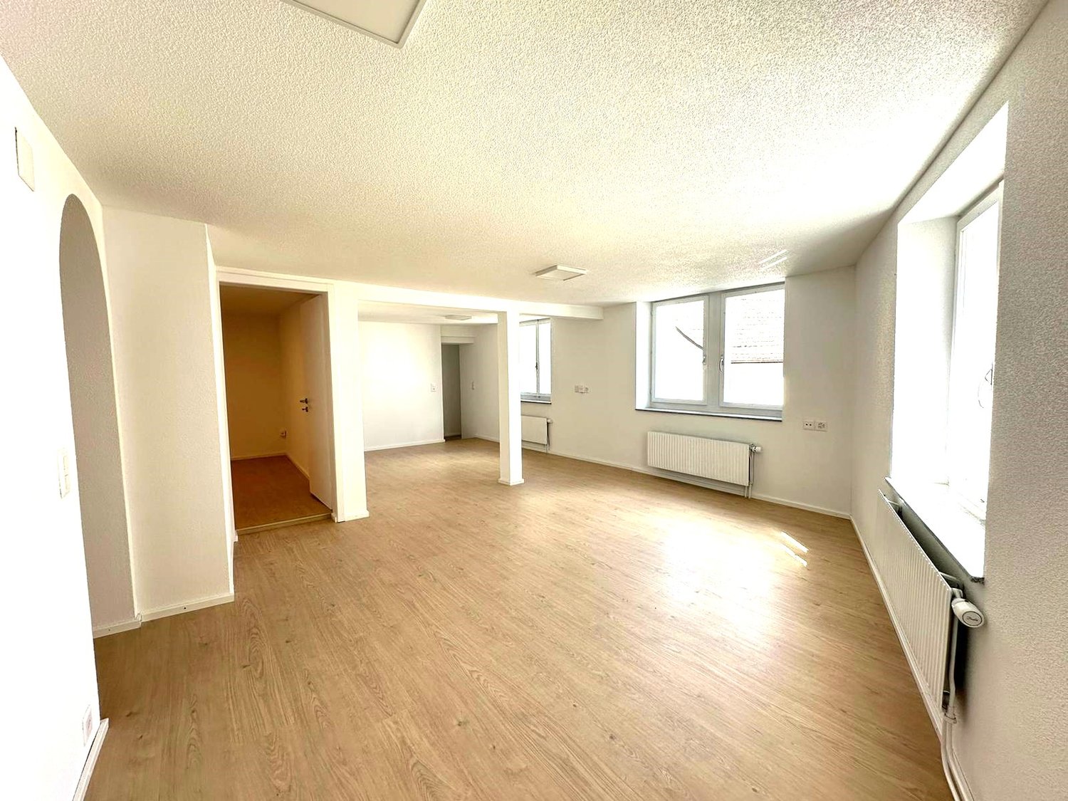 Hardwood floors, white walls, two windows, radiators, open door leading to another room.