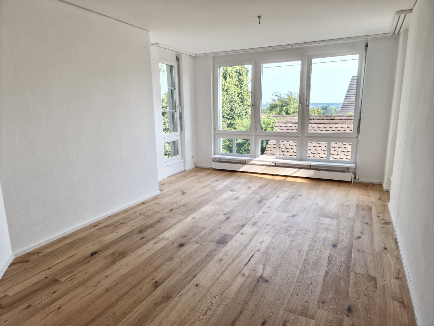 empty room with hardwood floor, white walls, large windows with view to outside