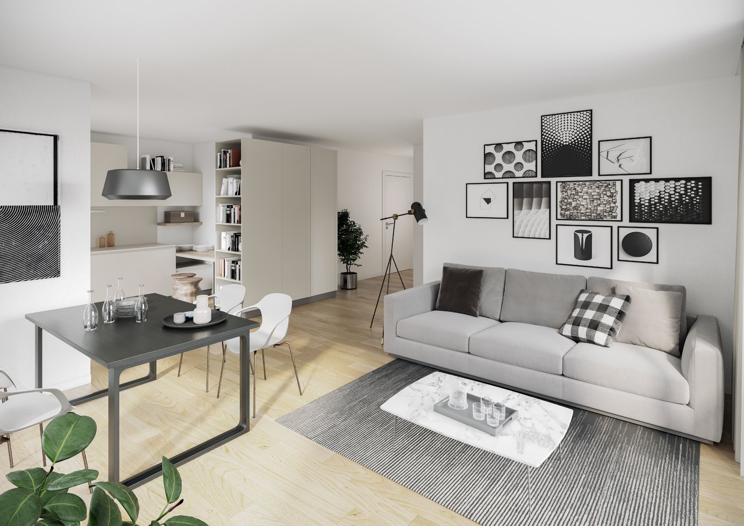 Minimalist living room with dining area, light colored furniture, and decor.