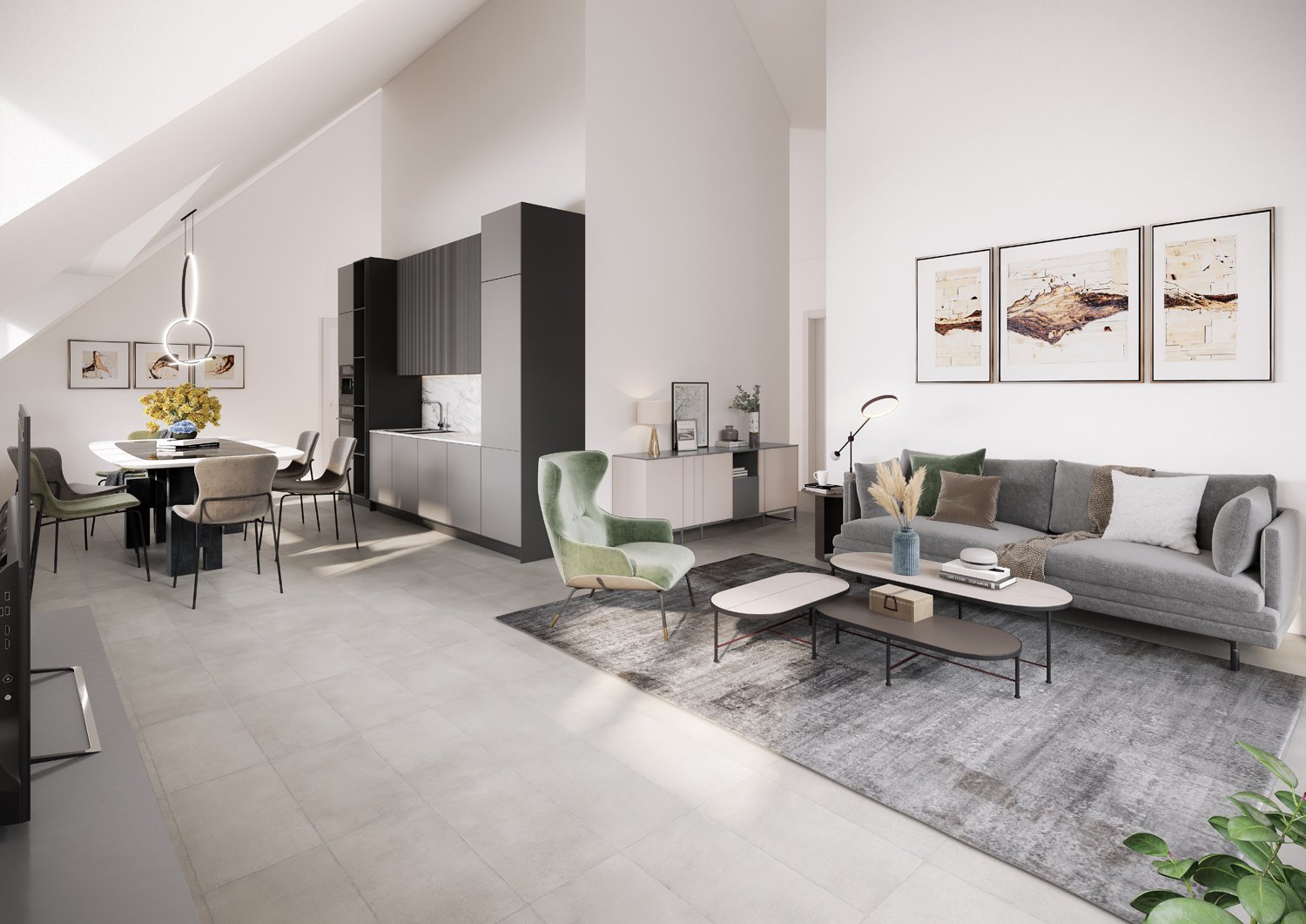 Open plan living, dining, and kitchen area with modern furnishings, large windows, vaulted ceilings, and artwork.