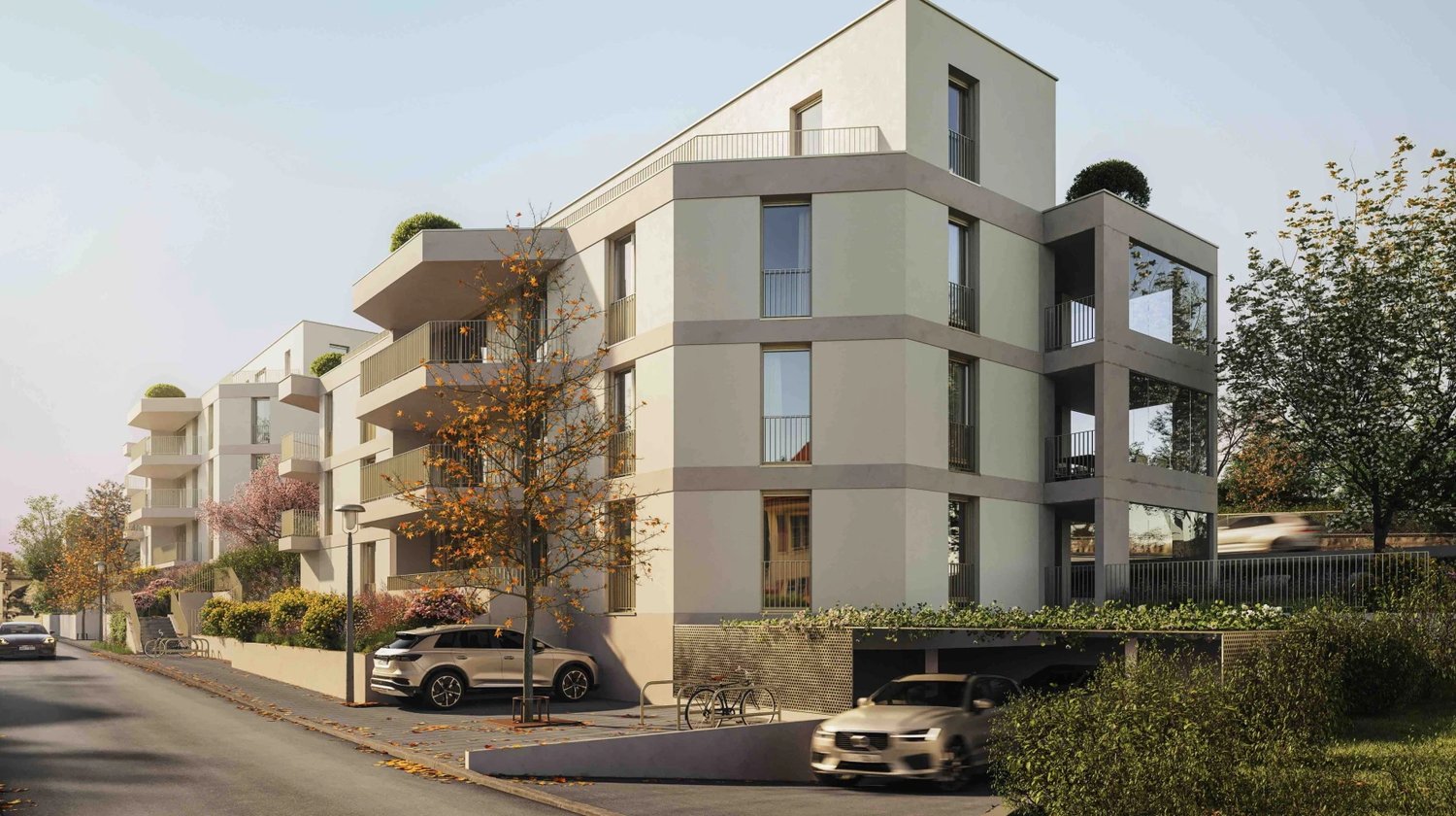 modern apartment building, multiple floors, balconies, garage entrance, trees, plants, paved road, cars parked in front