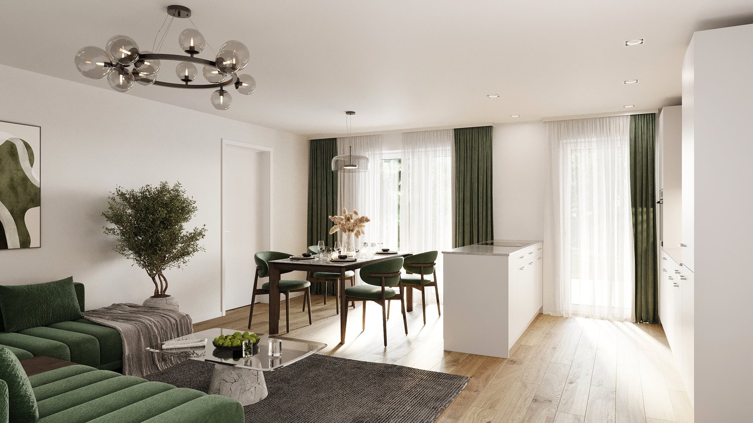 modern open plan kitchen and living room, dining area, wooden floors, white walls, modern green furniture, central chandelier