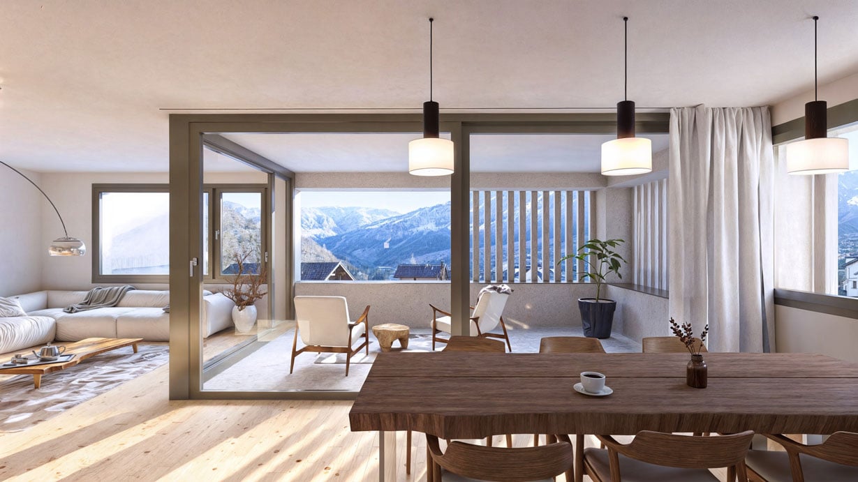 Dining room with view and balcony, wooden table, chairs, plants, hanging lamps, windows, rug, side table with teapot