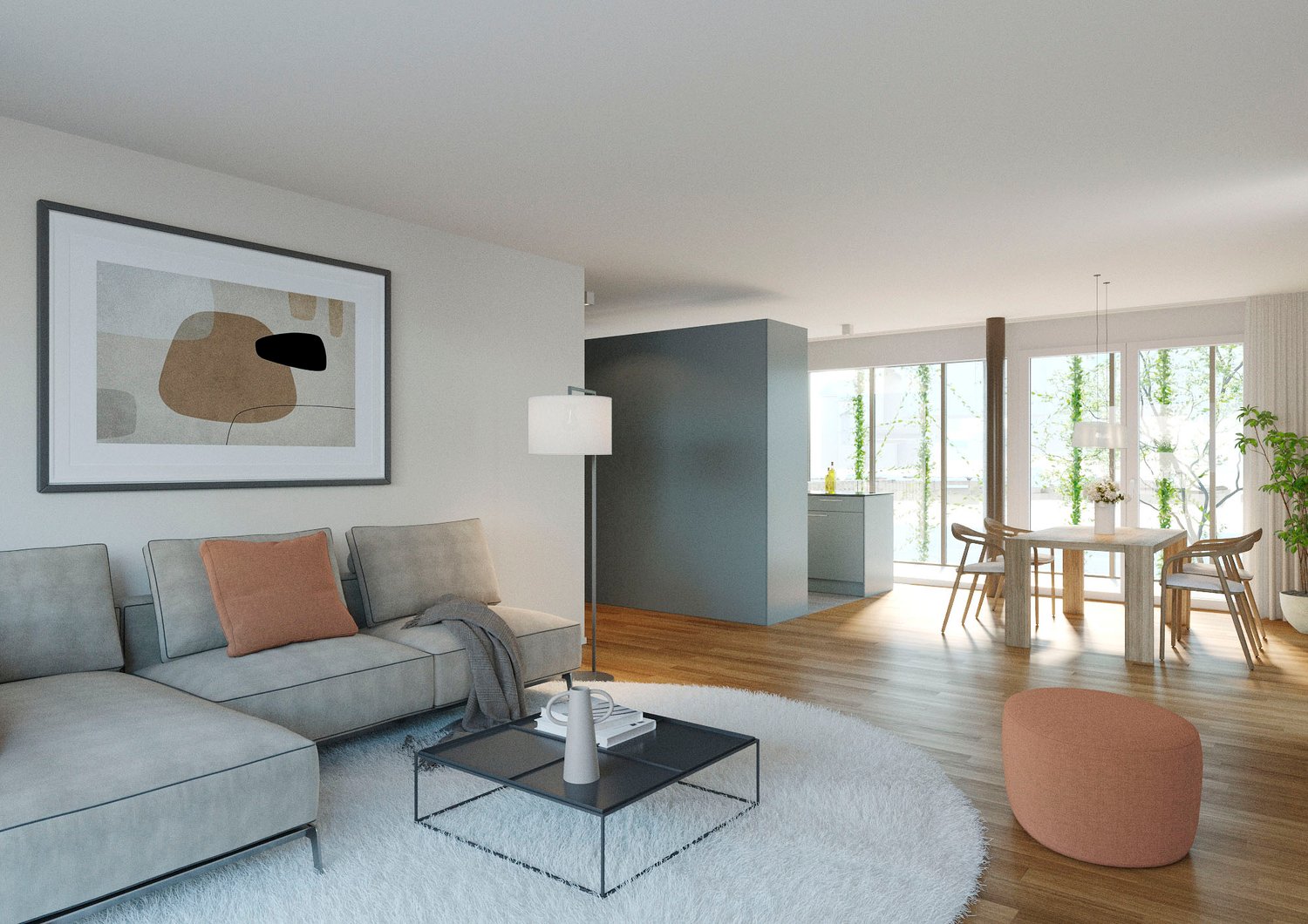 Modern living room with wooden floor, white rug, modern sofa, wooden coffee table, large windows, dining table and chairs in adjacent area, picture frame on wall, lamps
