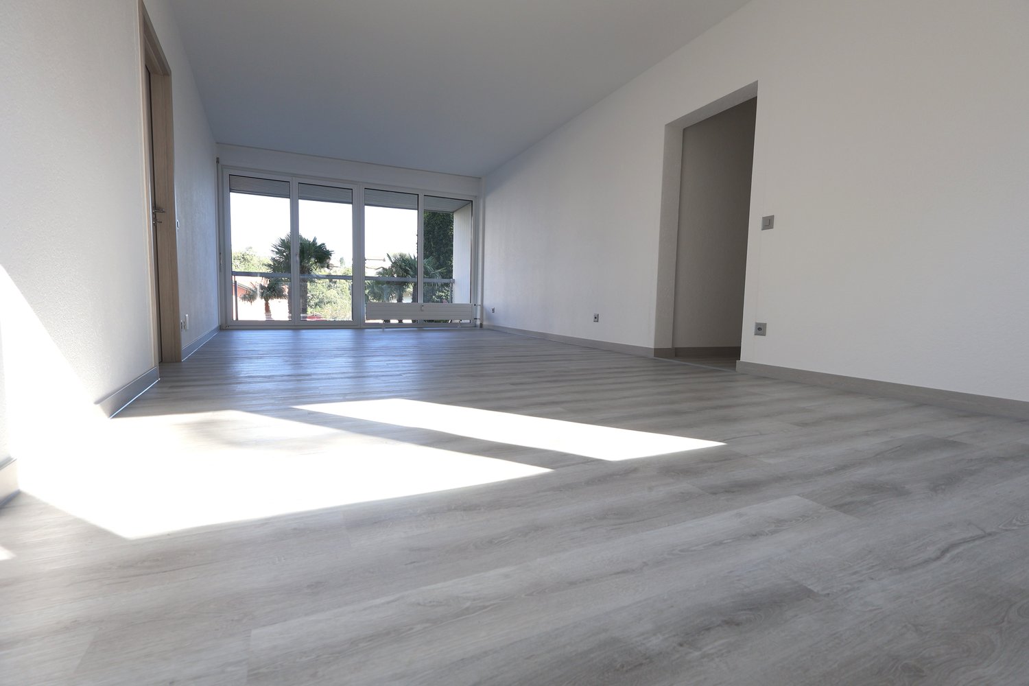 Modern minimalist room, empty, grey wood flooring, large glass door, balcony access
