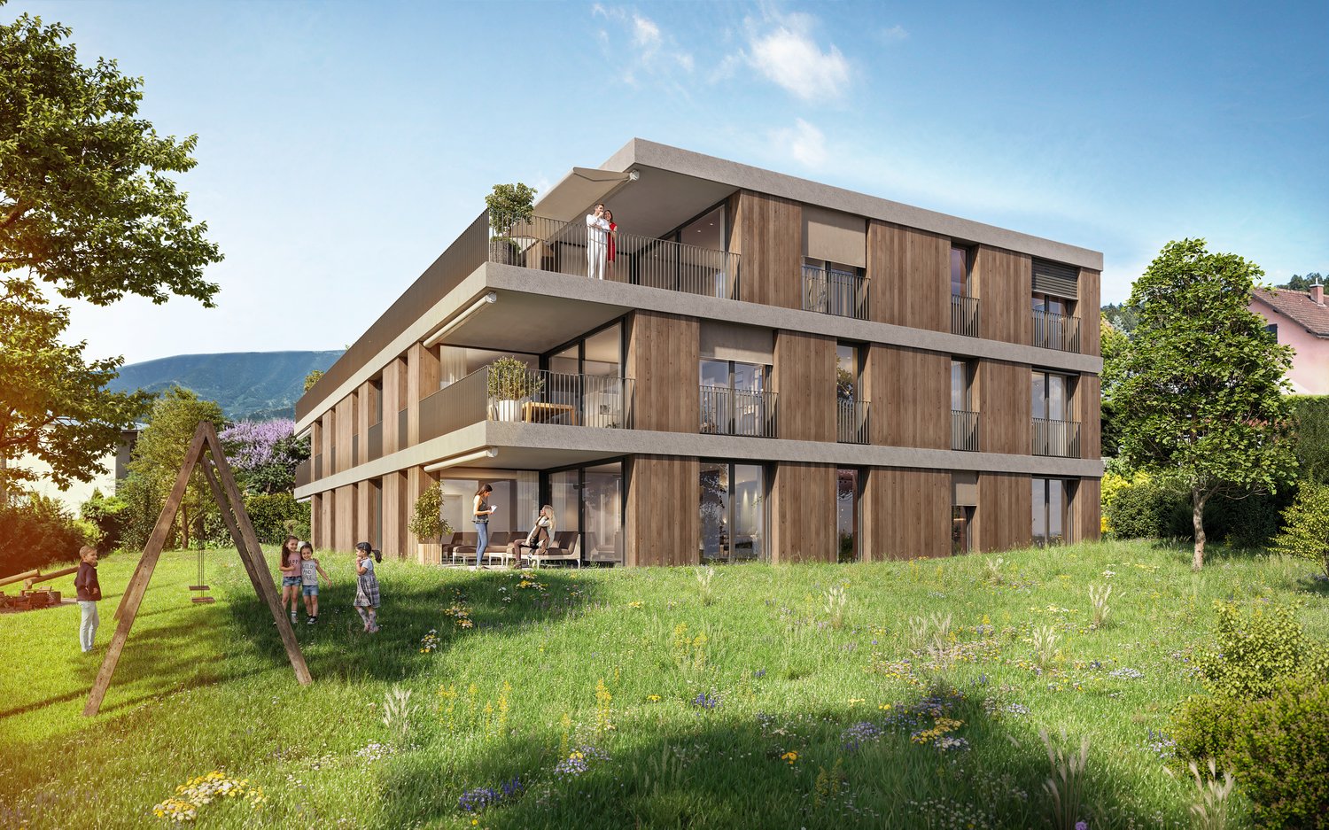 modern apartment building, wooden exterior, multiple balconies, large windows, surrounded by greenery