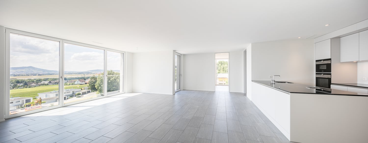 large sliding windows, balcony, tiled floor, empty