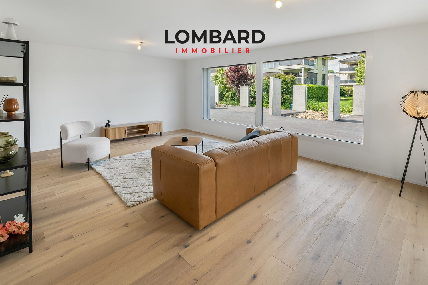 large living room, modern furniture, white walls, wooden floor, panoramic window, natural light