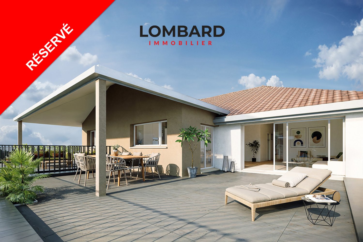 contemporary house with a covered terrace, balcony, wooden floor, garden, outdoor table, lounger, plants