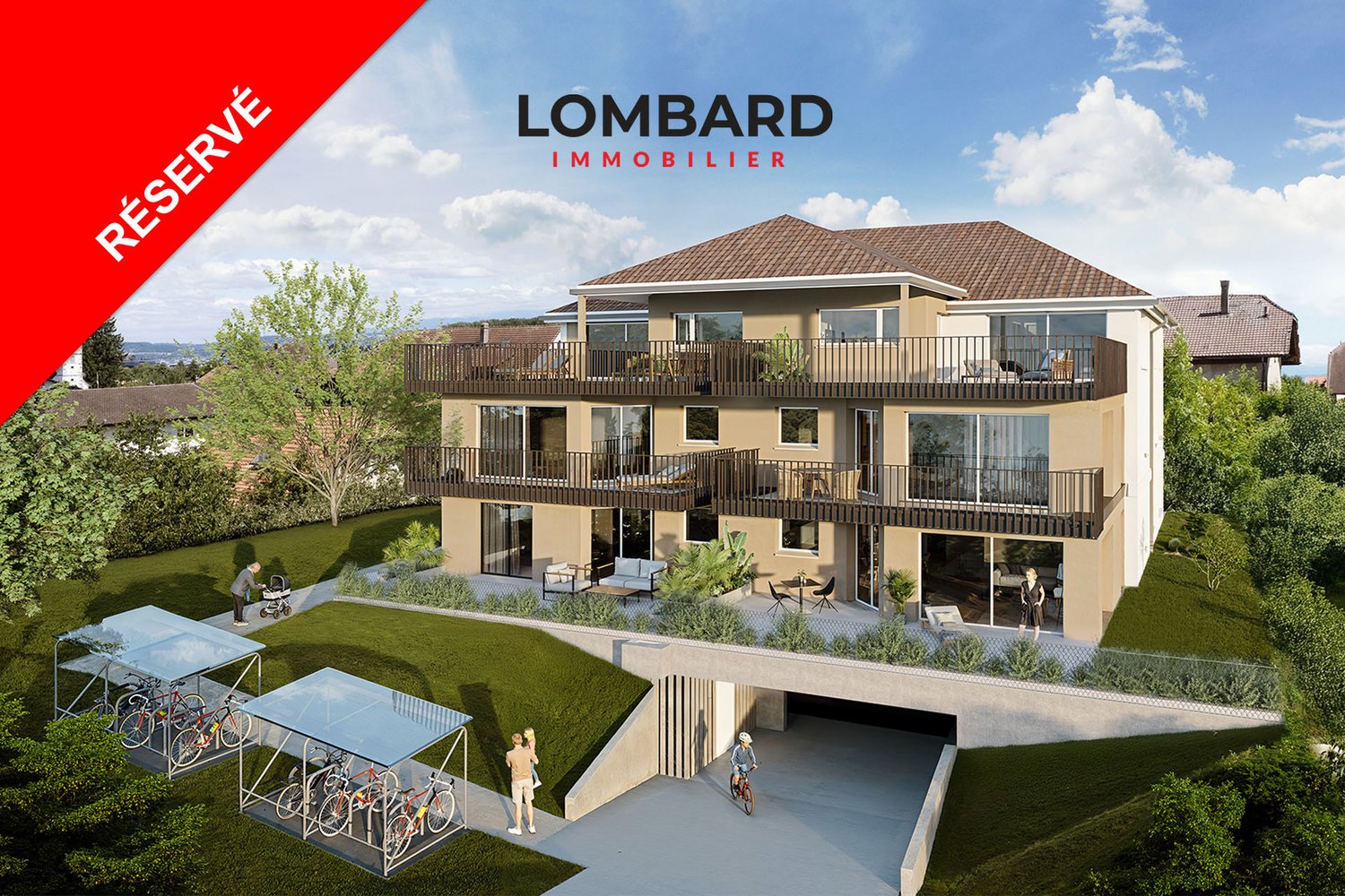 Modern 2 story house, beige and white, balconies, underground parking, underground bicycle garage, lawn