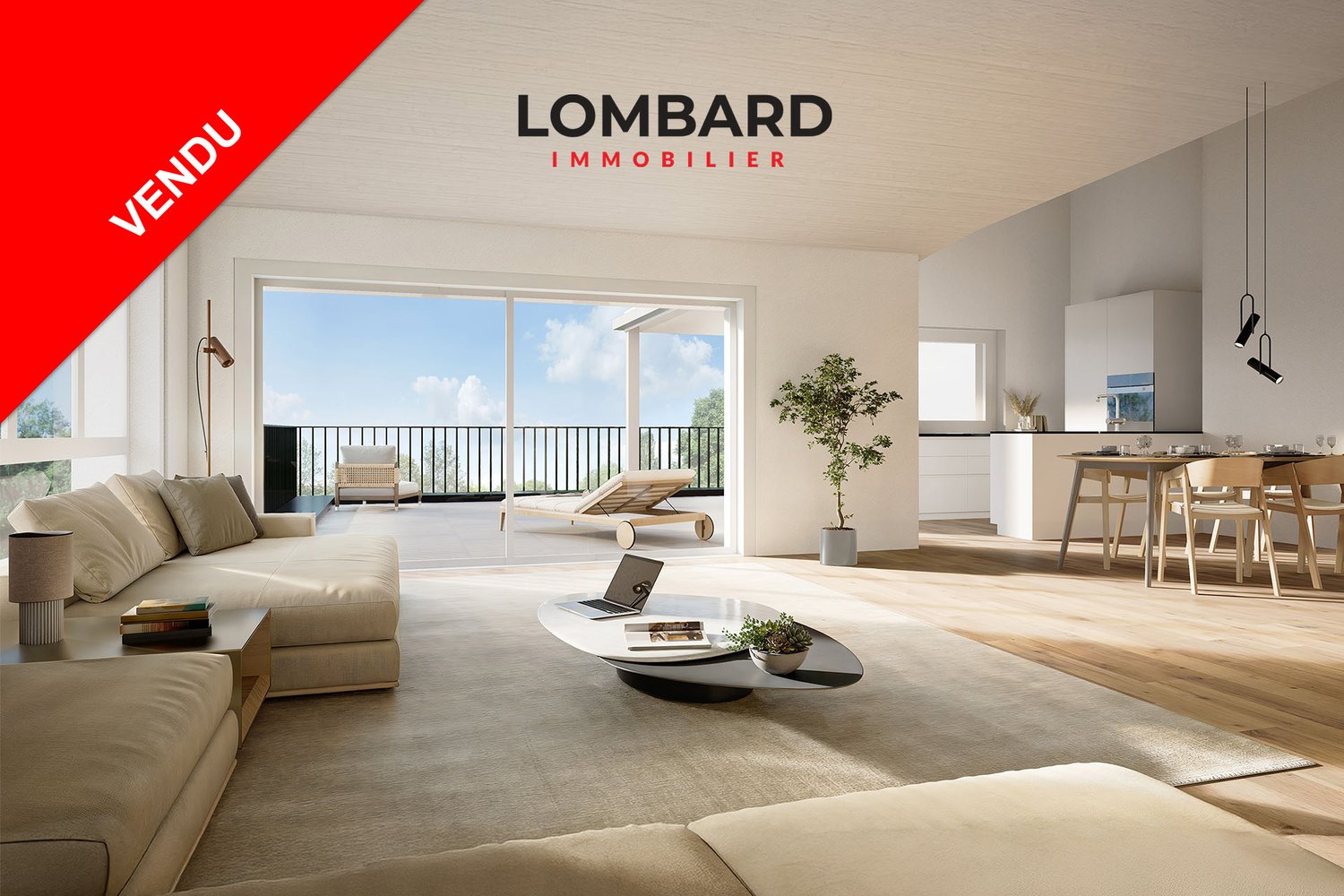 open plan living area, large windows, balcony, modern decor