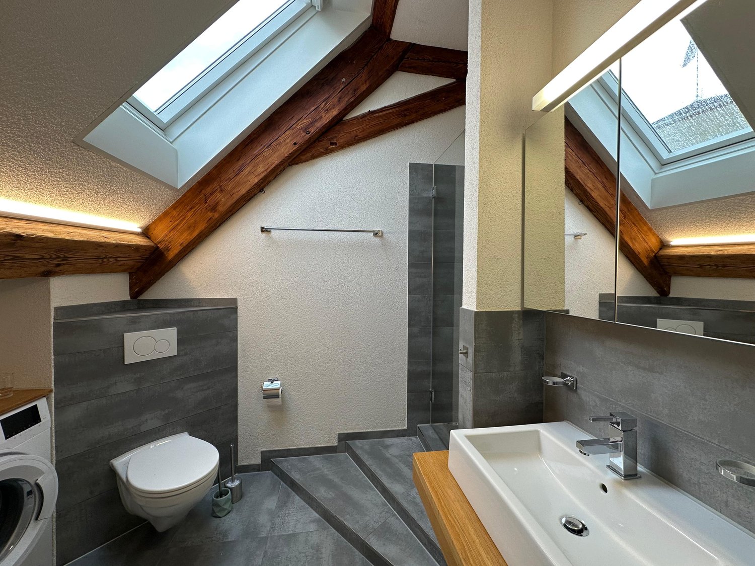 attic bathroom, skylight, toilet, shower, sink, wooden counter, washer