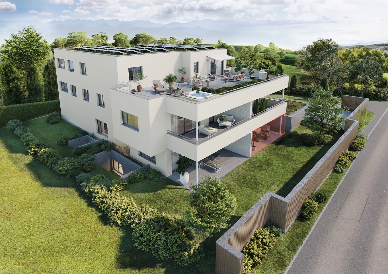 Two-story house with solar panels, raised ground floor, balcony with pool, terrace with furniture, garden with plants, mountain view.