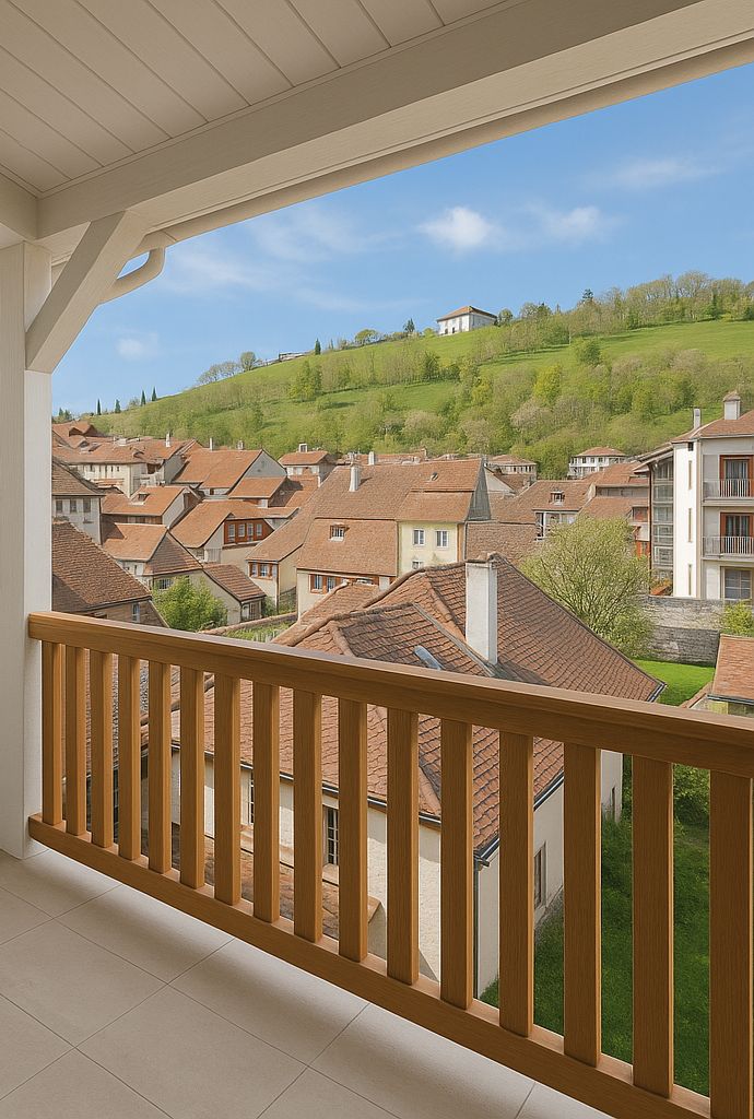 Outdoor balcony with tiled floor, wooden railings, offering panoramic views of a hillside village with houses and greenery