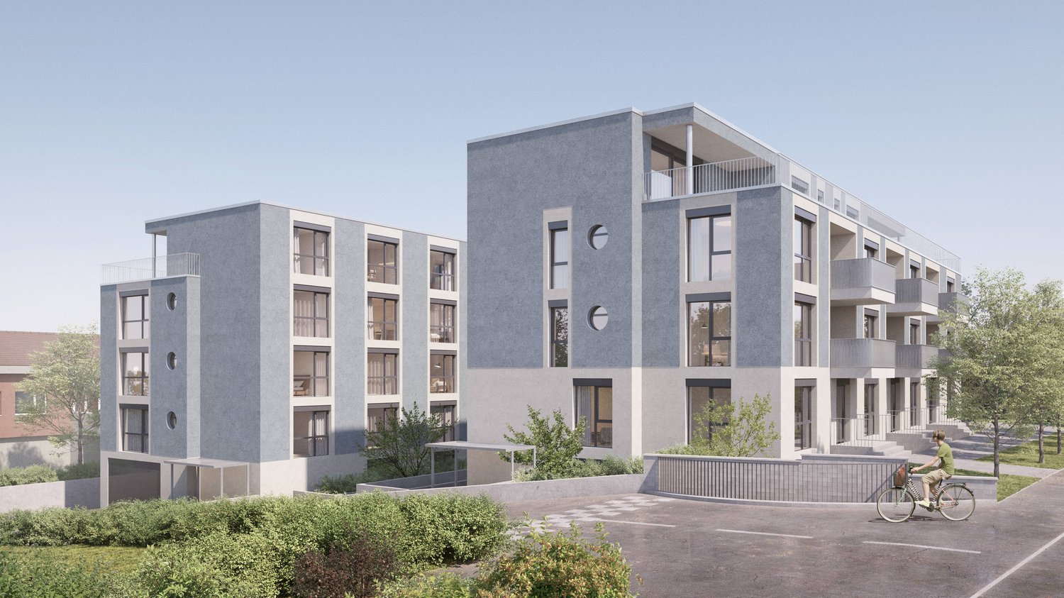 Two apartment buildings, multiple balconies, raised ground floor, parking area
