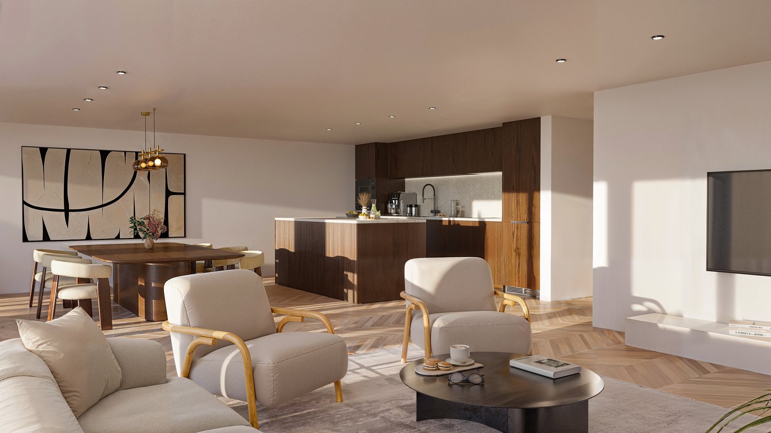 Contemporary interior, neutral palette, wooden flooring, seating area with armchairs, round coffee table, kitchen with island, dining table with chairs, mounted flat screen TV