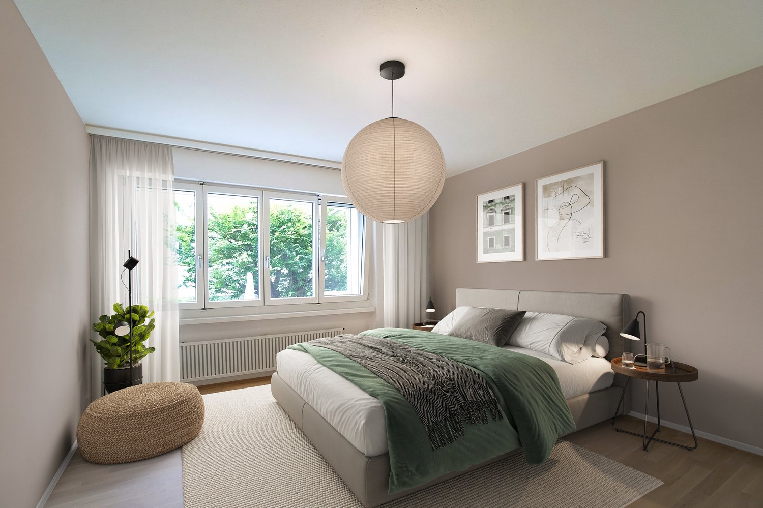 Double bed, lamps, rug, plant, radiator, window with view, bedspread