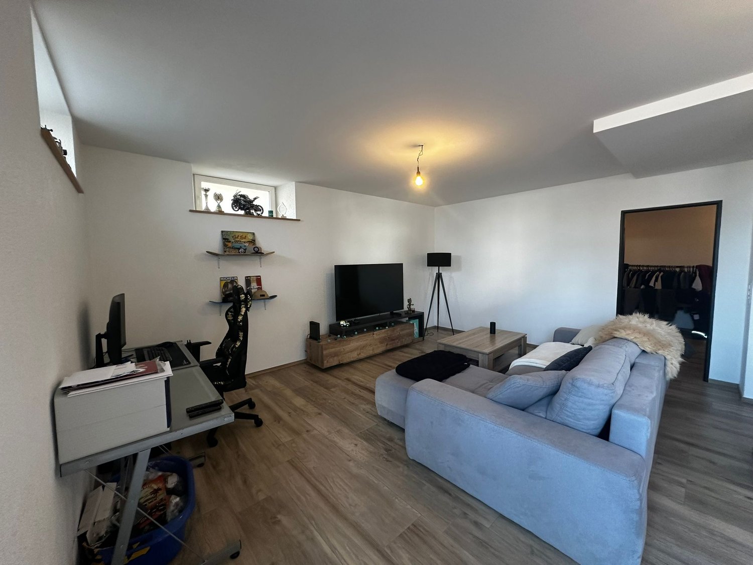 living room with couch, television, desk, wooden floor, shelves