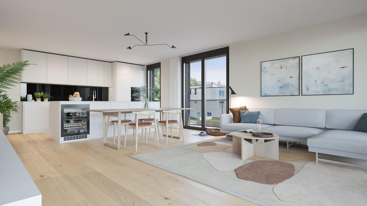 dining area with wooden table, living area with grey sofa, open kitchen with wine cooler